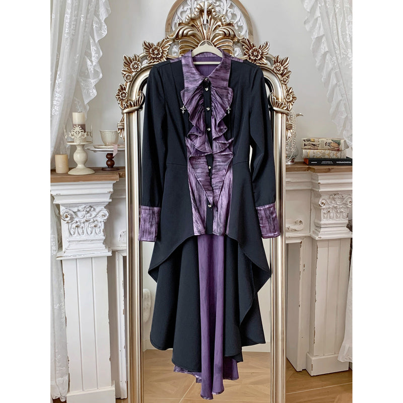中世貴族のヴィクトリアンテールブラウス - Black Purple[2025年12月上旬-12月下旬発送予定]