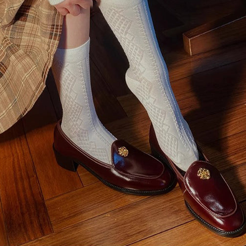 Camellia Leather Loafer Shoes - Burgundy
