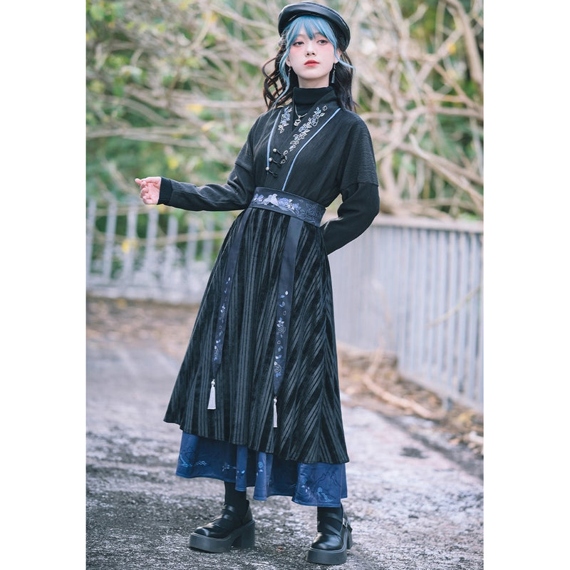 椿の花と鶯の挿絵ベルトスカート