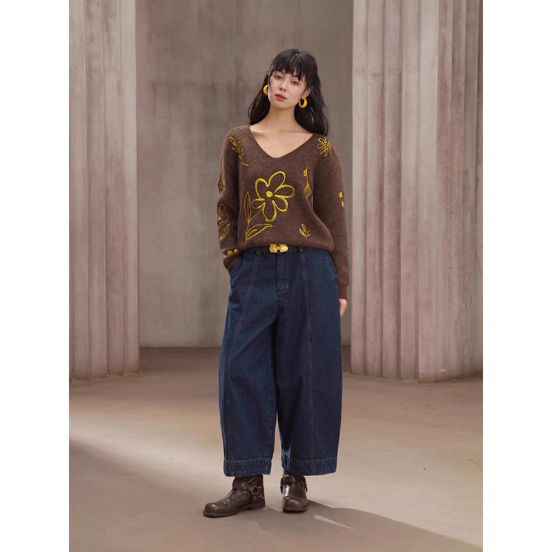 植物の刺繍ニットセーター