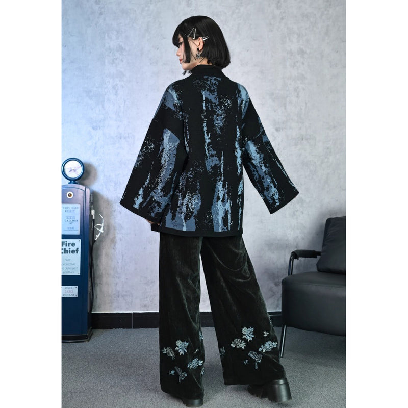 椿の花の刺繍アシンメトリーカーディガン