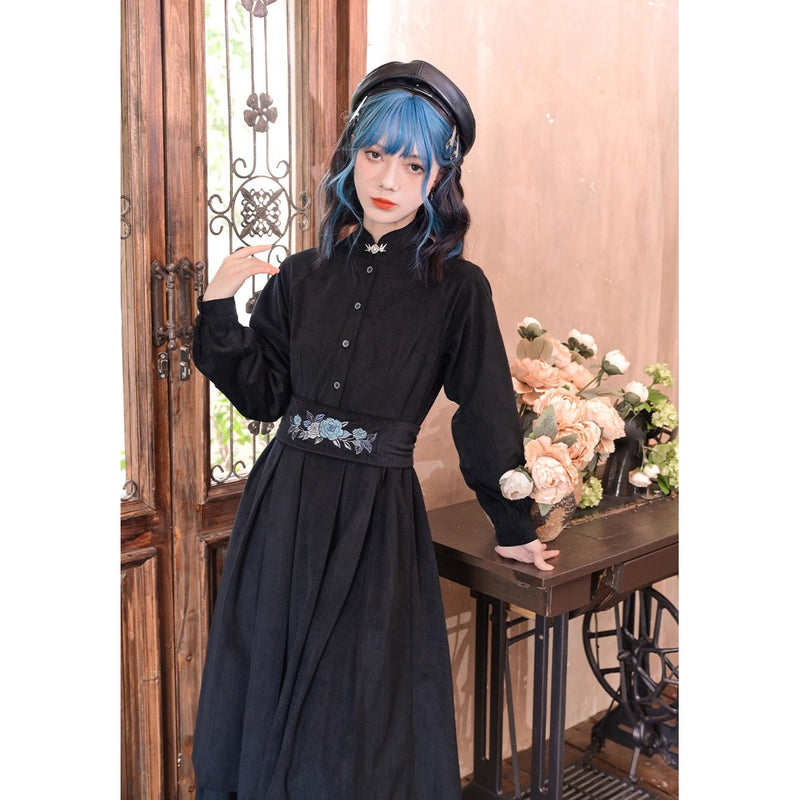 椿の花と鶯の刺繍コルセットワンピース