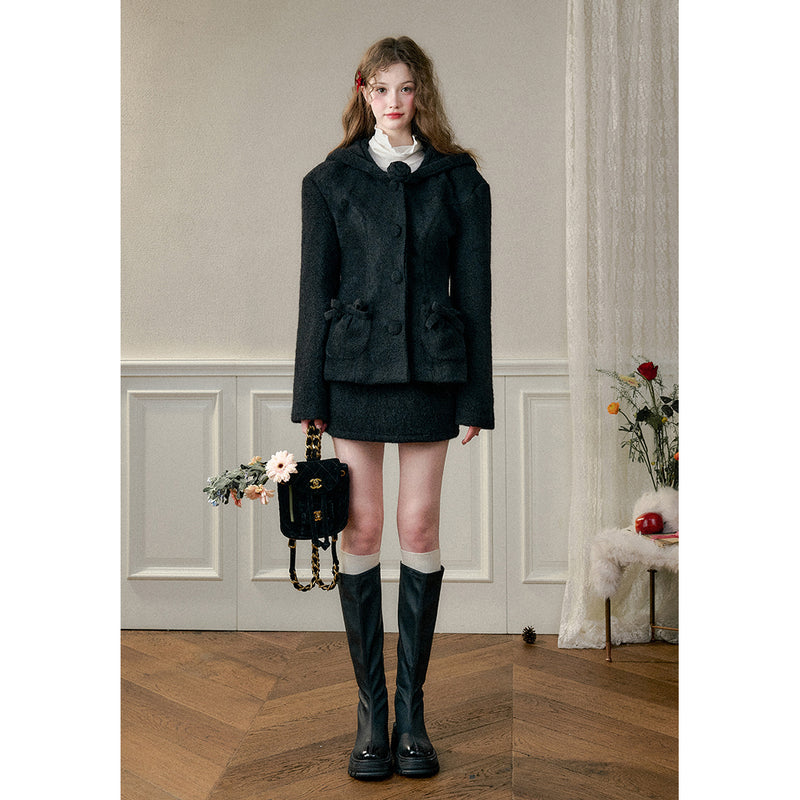 Black Hooded Jacket and Short Skirt