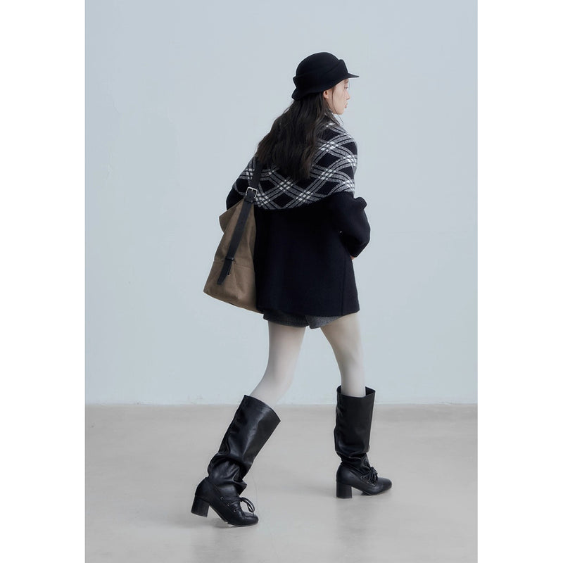 Checkered Cape and Black Knit Cardigan