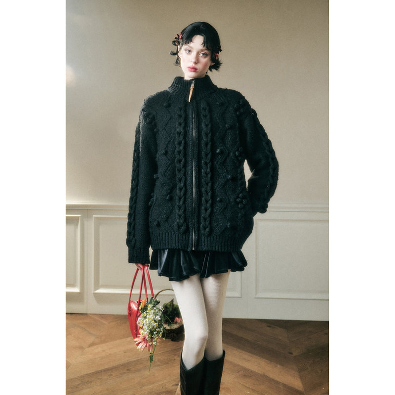 Hand-Knitted Cable Pattern Wool Knit Jacket