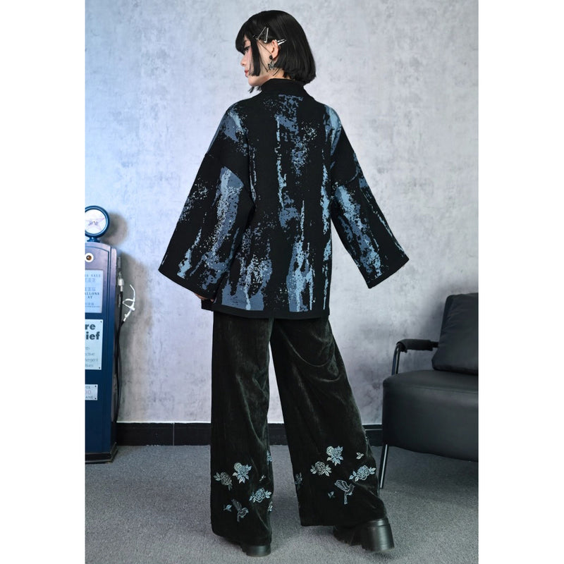 椿の花と鶯の刺繍ワイドパンツ