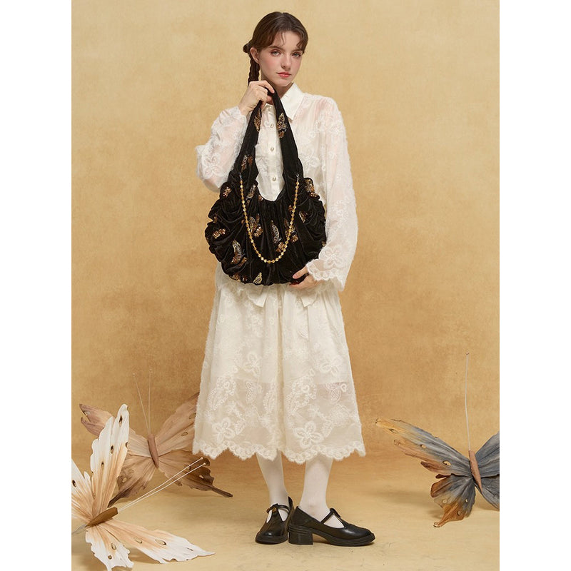 金色の蝶の刺繍ベルベットトートバッグ