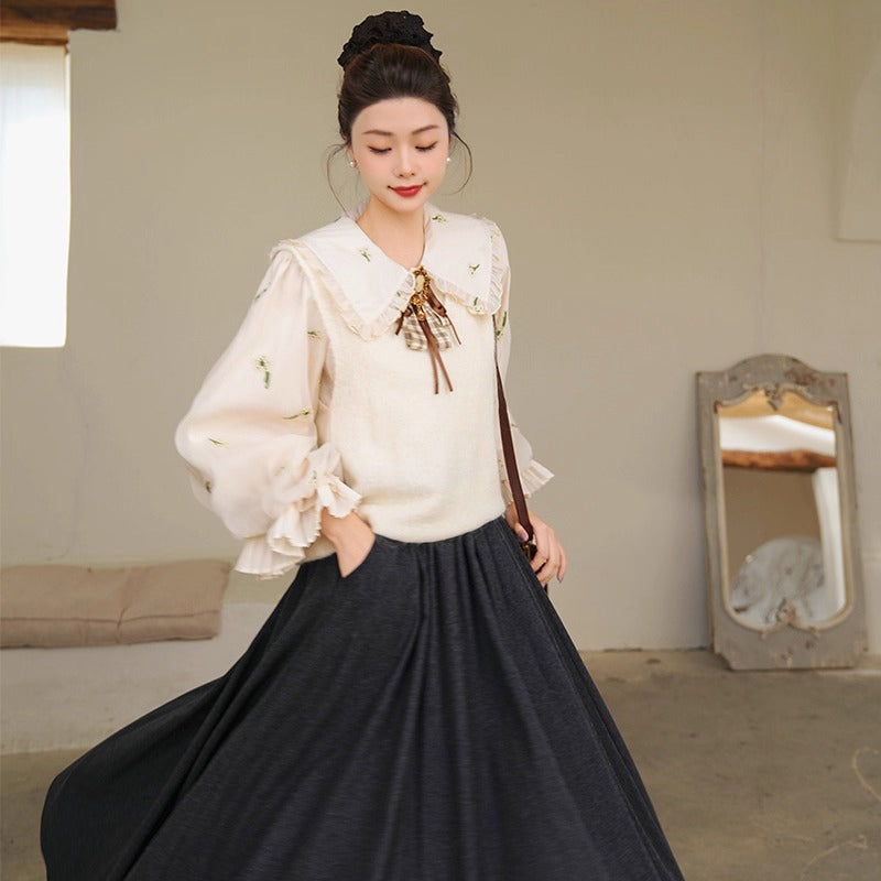 宮廷の花の刺繍ヴィクトリアンブラウスとニットベスト