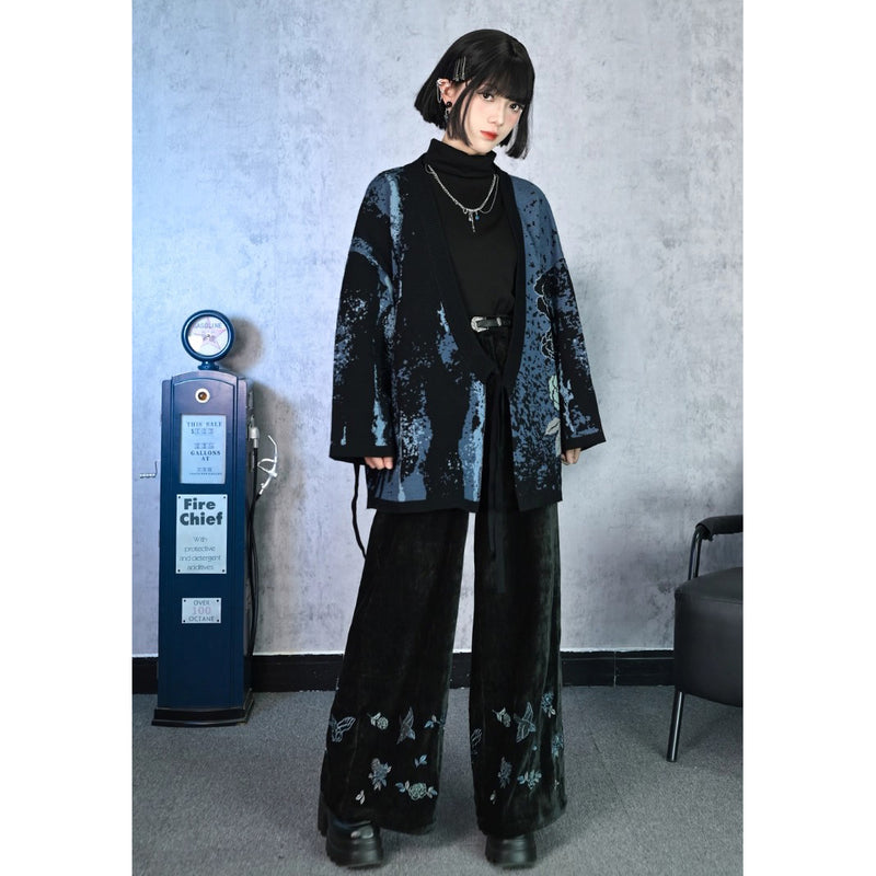 椿の花の刺繍アシンメトリーカーディガン