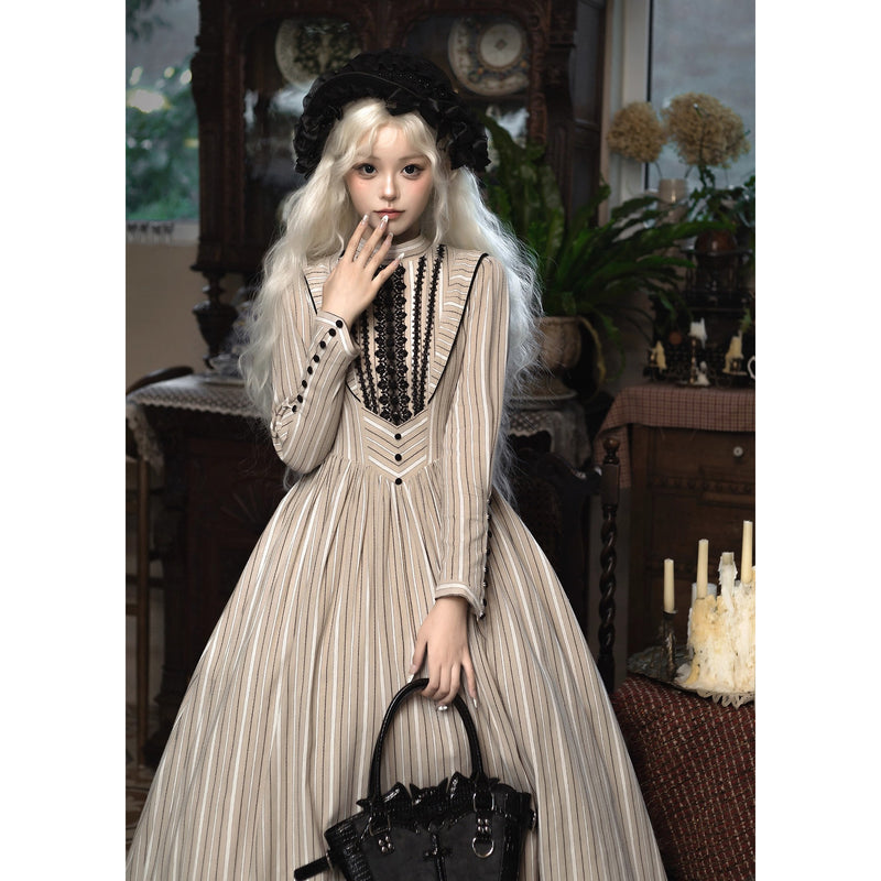 西洋令嬢の縦縞クラシカルワンピース - Beige[2025年12月上旬-12月下旬発送予定]