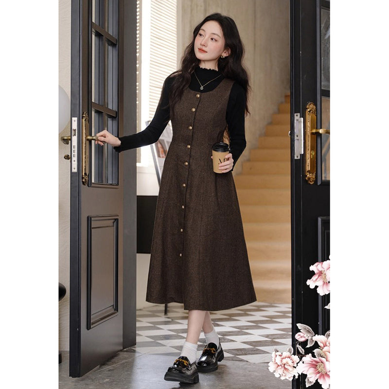 Dark Brown Jumper Skirt and Black Knit Top