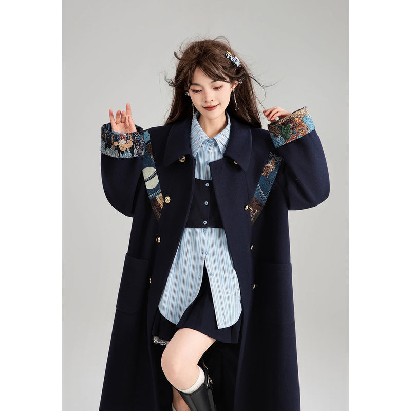 西洋油彩画のリボンダブルブレストロングコート