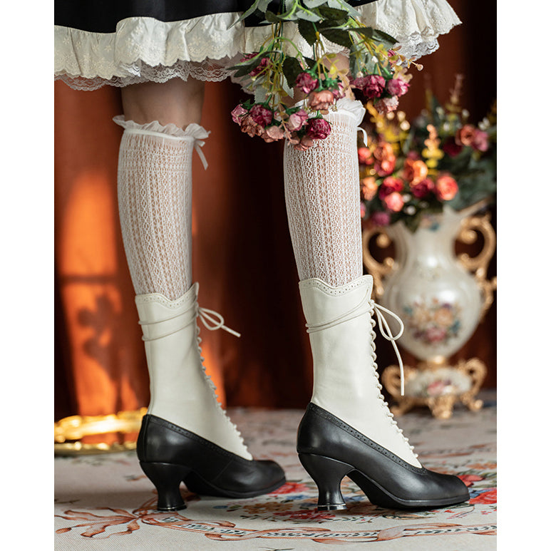 Victorian Pointed Toe Lace Up Boots - Black White