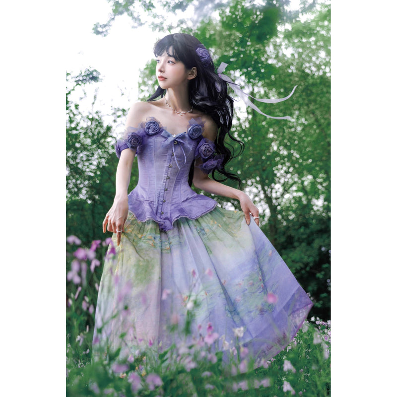 睡蓮の池の油彩画ビスチェとスカート - Ver2