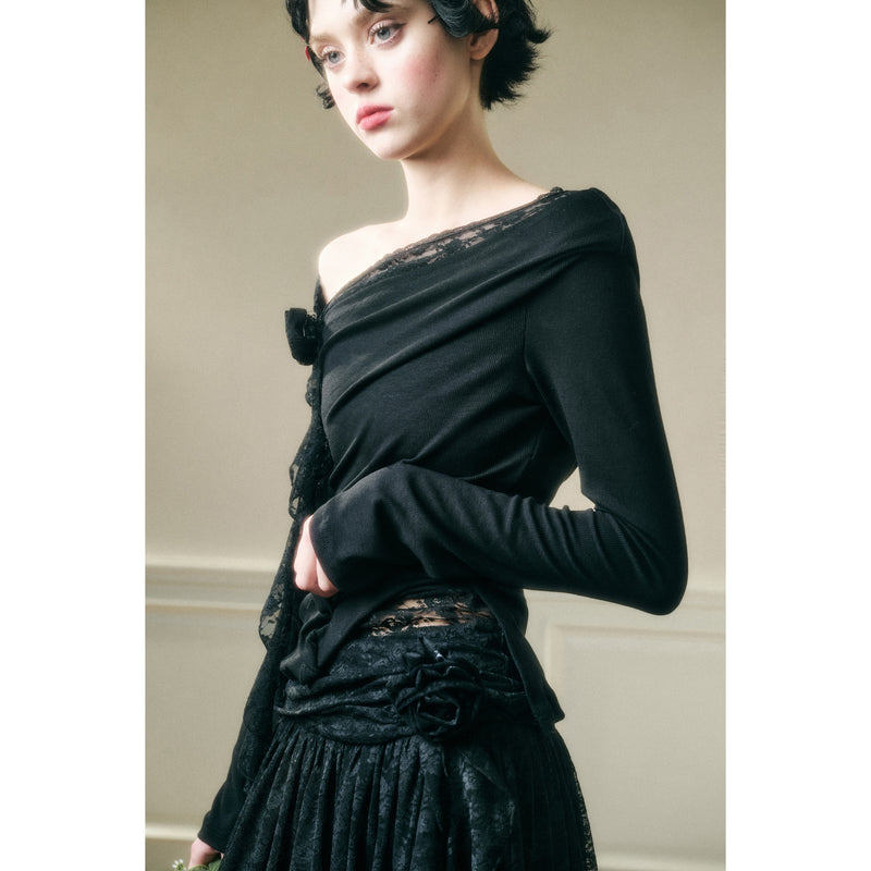 Rose Patterned Lace Top and Long Skirt - Black