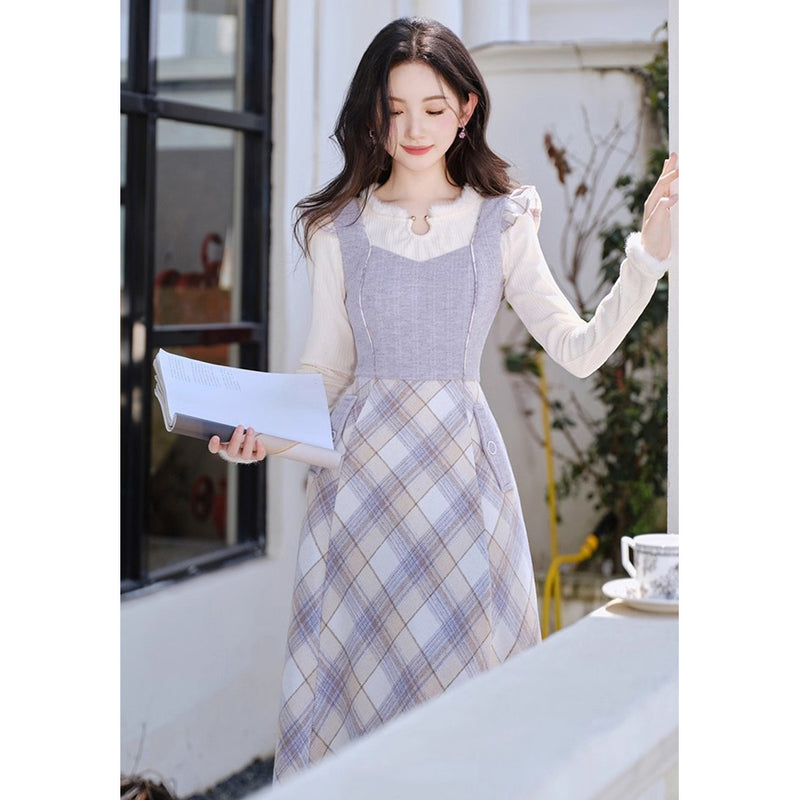 Light Purple Plaid Jumper Skirt and Knit Top