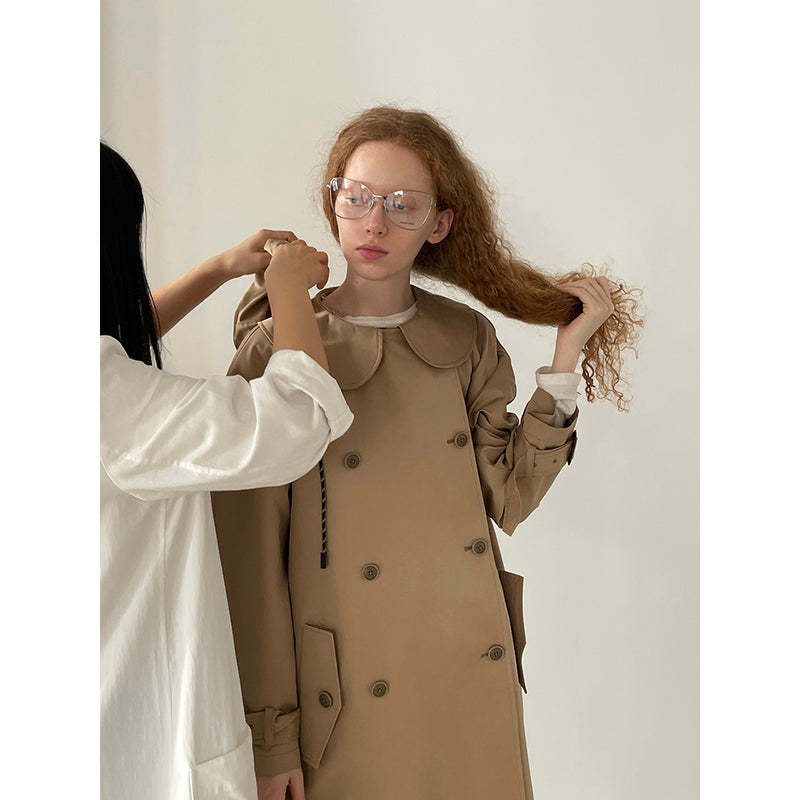 Khaki Doll Collar Detachable Hooded Trench Coat