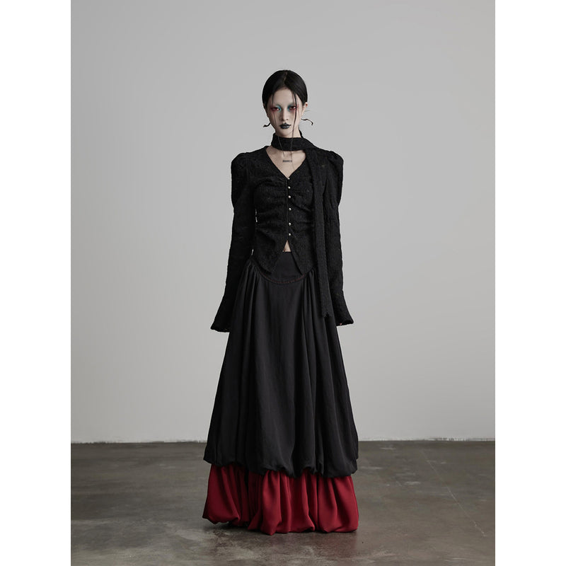 Black and Red Bicolor Layered Long Skirt