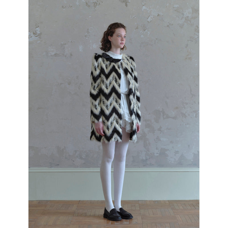 Geometric Pattern and Leather Fur Coat