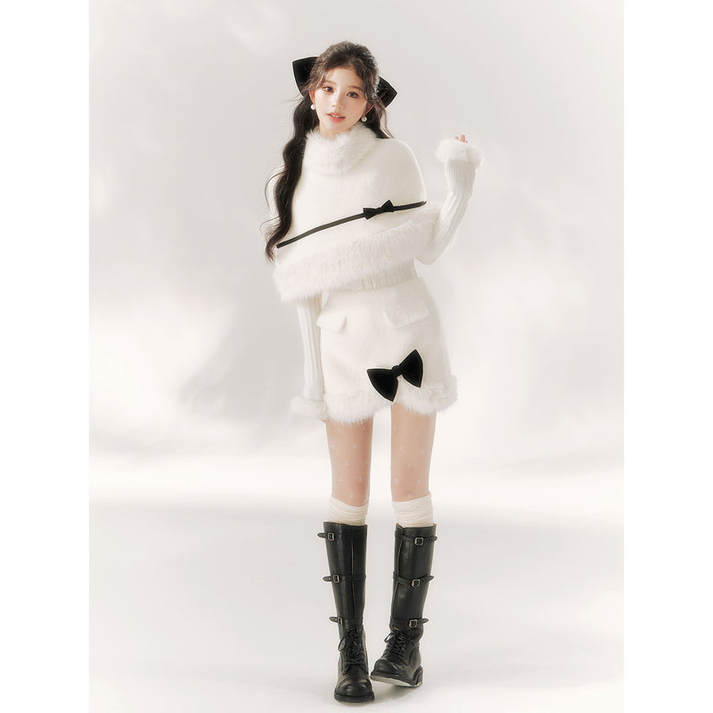 Pure White Ribbon Fur Cape and Skirt