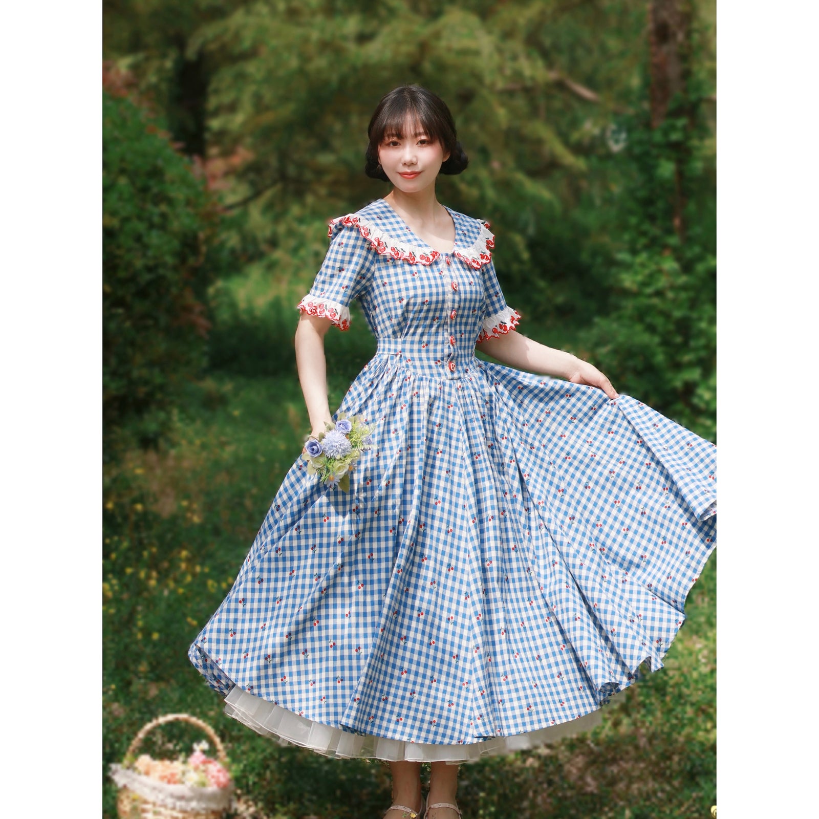 青藍格子柄とさくらんぼのレトロワンピース – ManusMachina