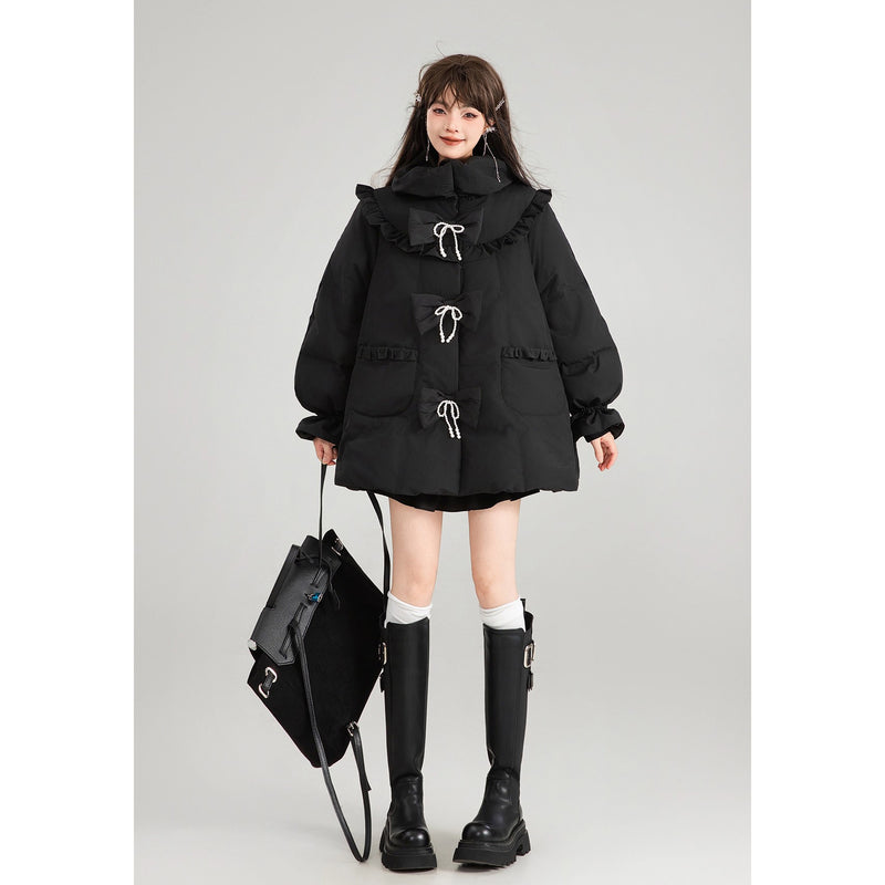 黒のお嬢様のリボンダウンジャケット