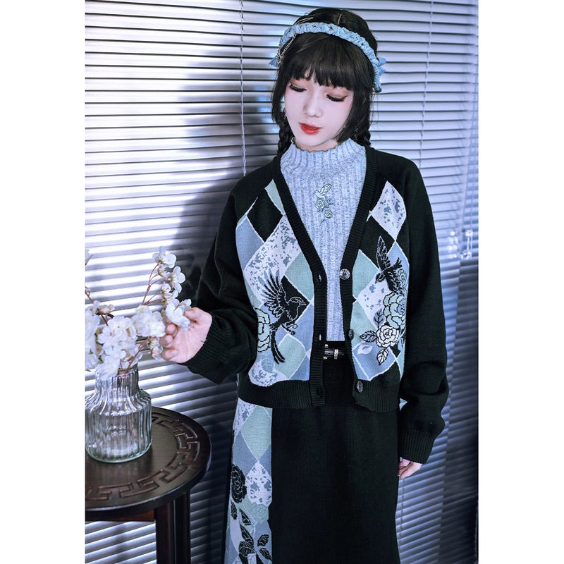 椿の花と鶯の挿絵カーディガンとニットスカート