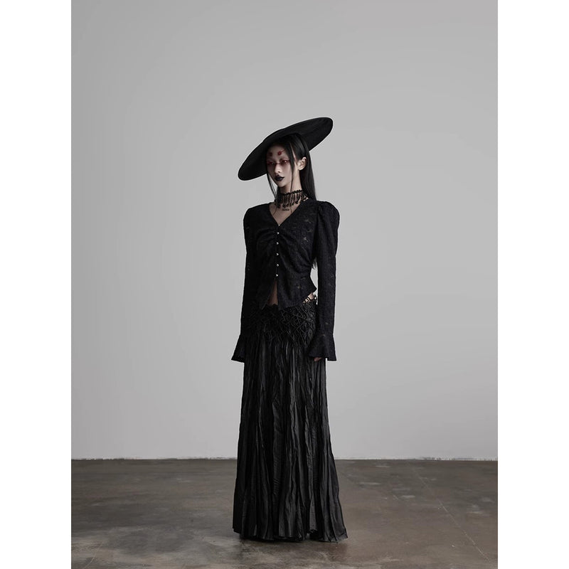 Black Embroidered Pleated Long Skirt