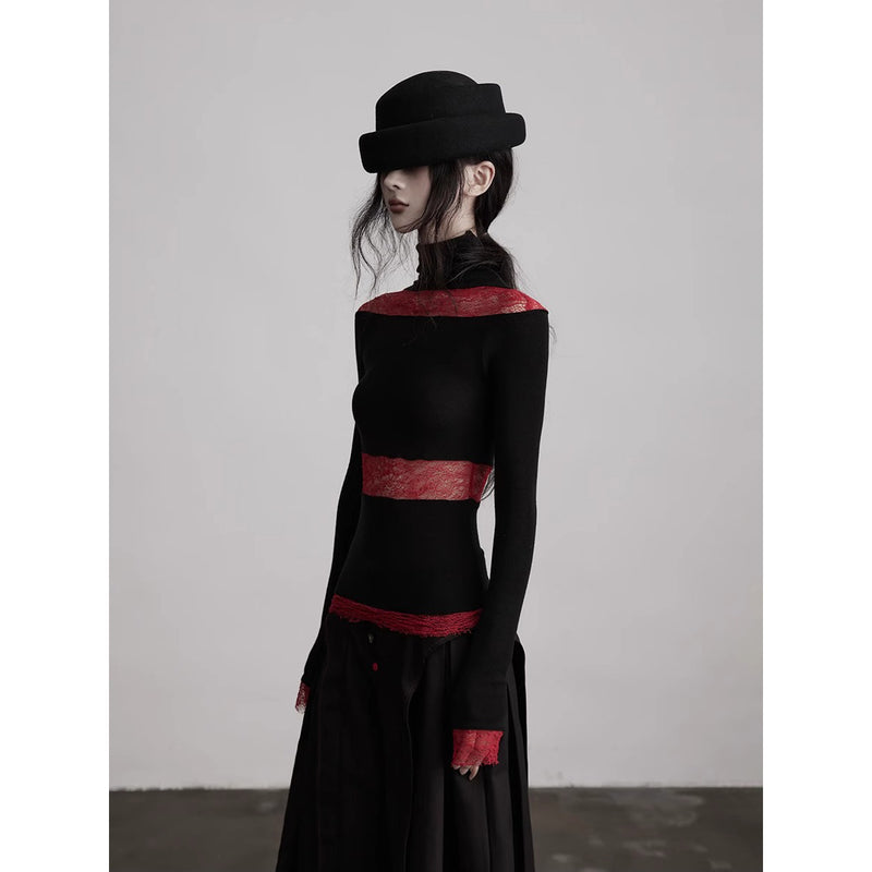 Black Red Turtleneck Knit Top