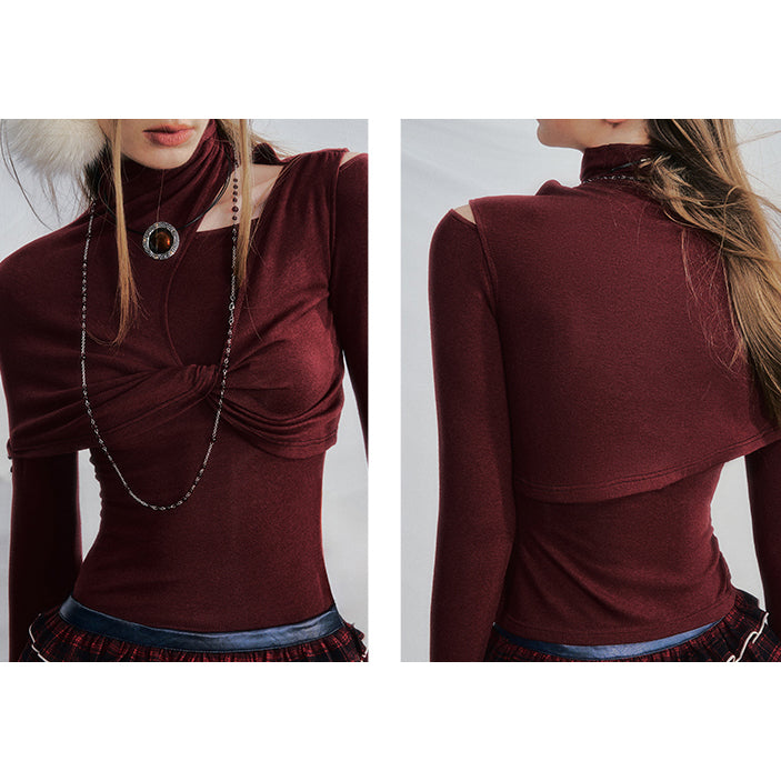 Wine Red Slim Asymmetry Wool Top