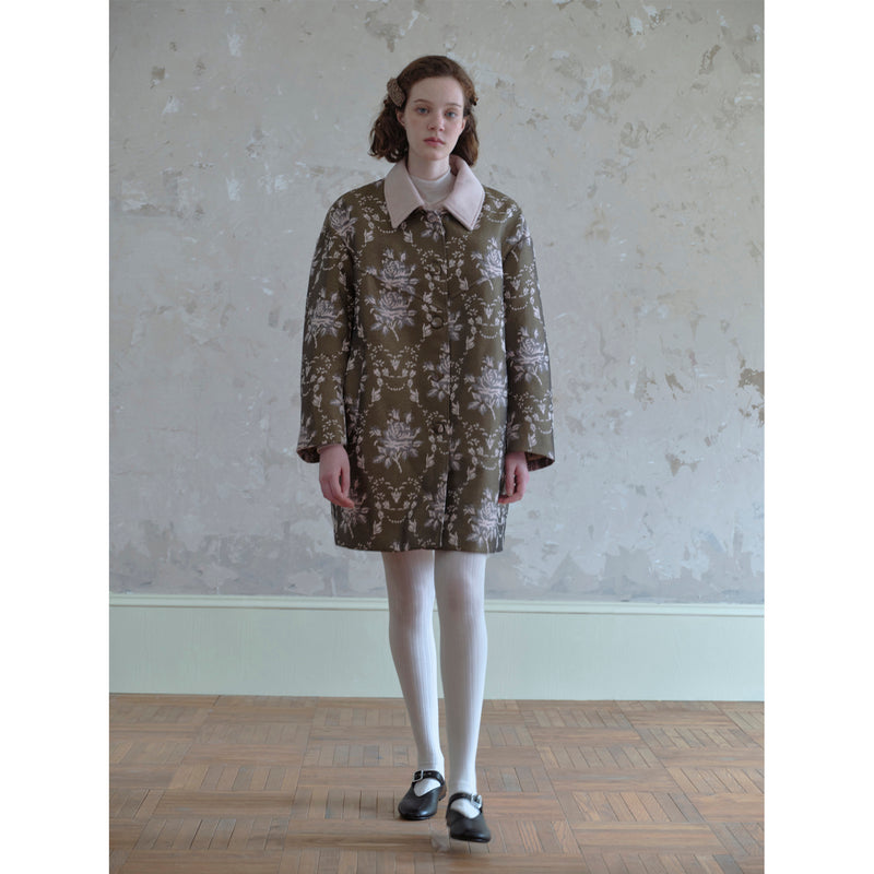 Olive Brown Coat with Pink Floral Pattern