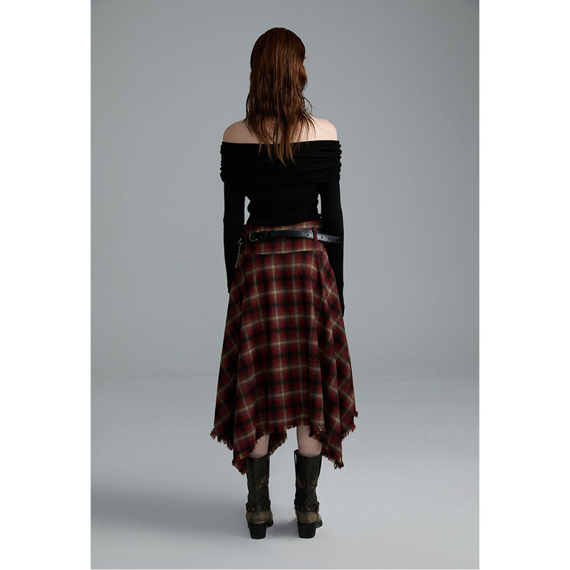 Wine Red Paid Shirt and Asymmetrical Skirt