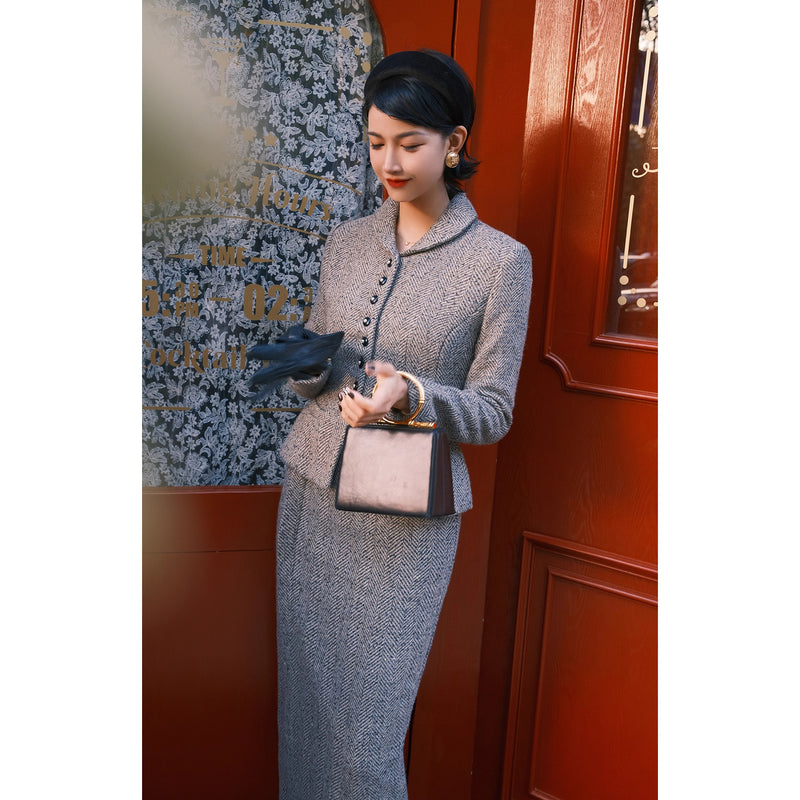 銀幕の貴婦人のツイードジャケットとペンシルスカート - Dark Gray