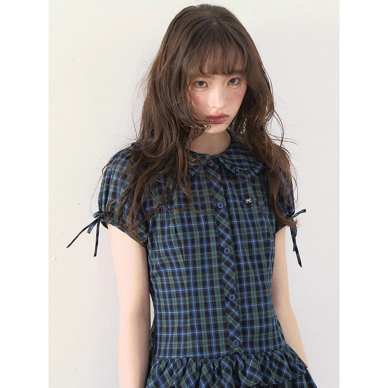 Blue and Green Checkered Tiered Dress