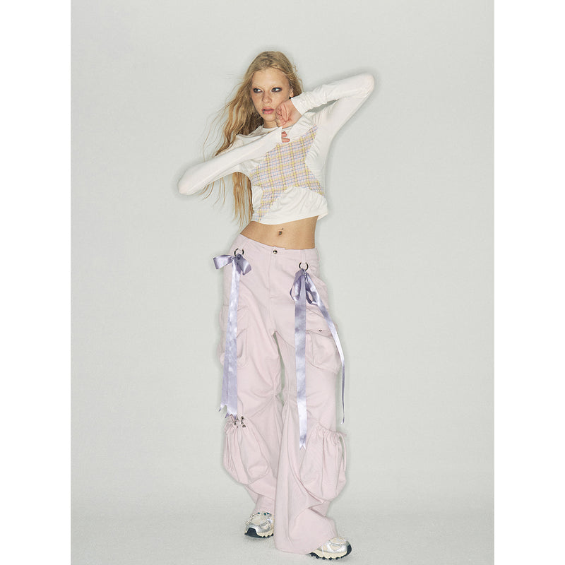 Pink Cargo Pants with Purple Ribbons