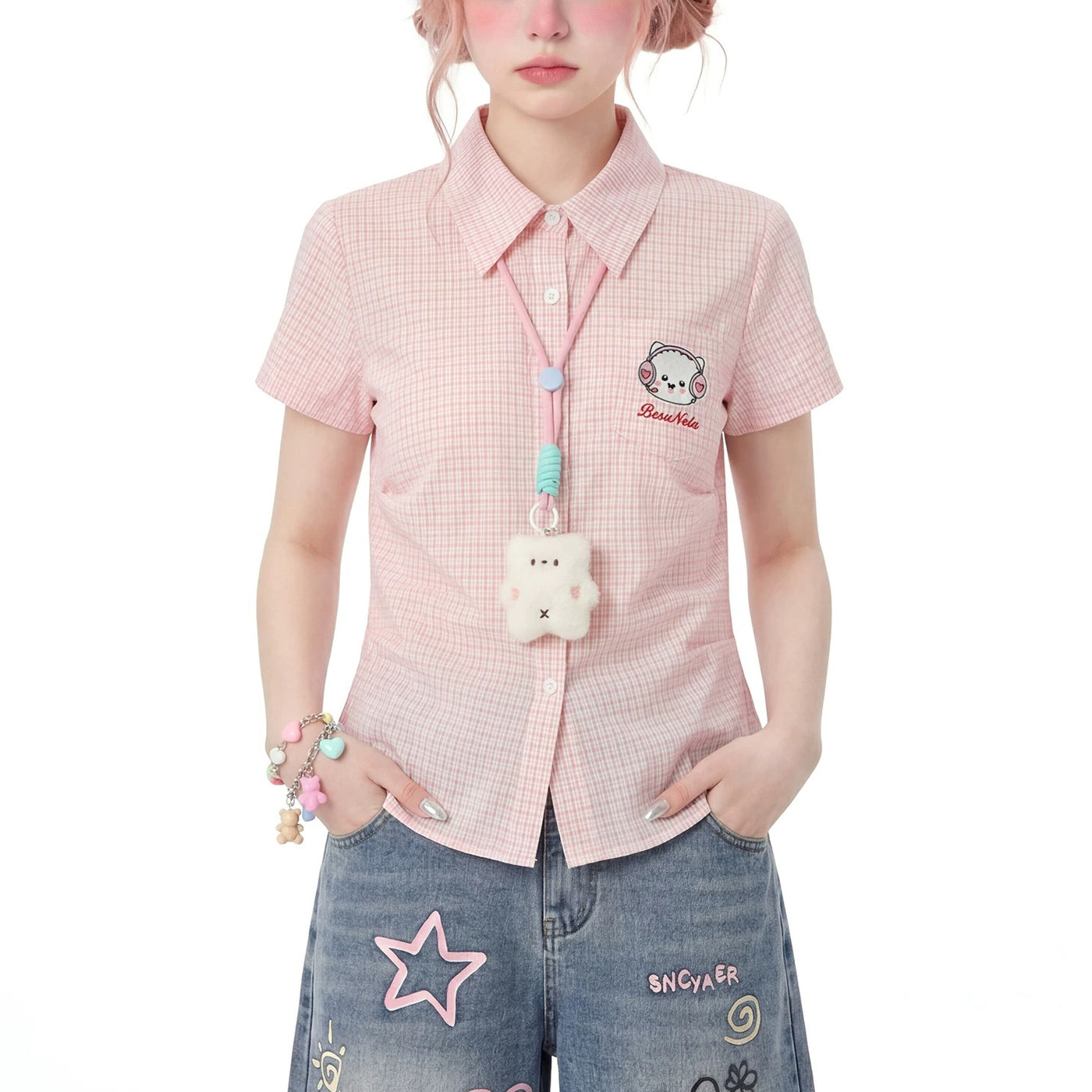 ハンドメイド　クロム様確認用 子猫の刺繍チェックシャツ - Pink Check – ManusMachina