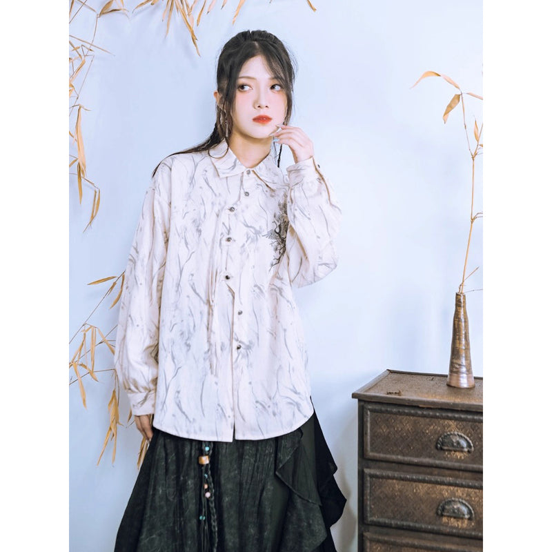 月夜の鶴の刺繍チャイナトップス