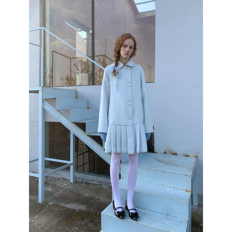 Frosty Blue Wool Pleated Coat Dress