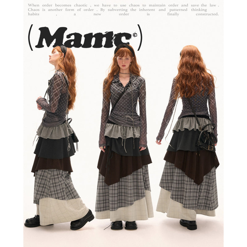 Color Block Check Long Skirt - Black Beige