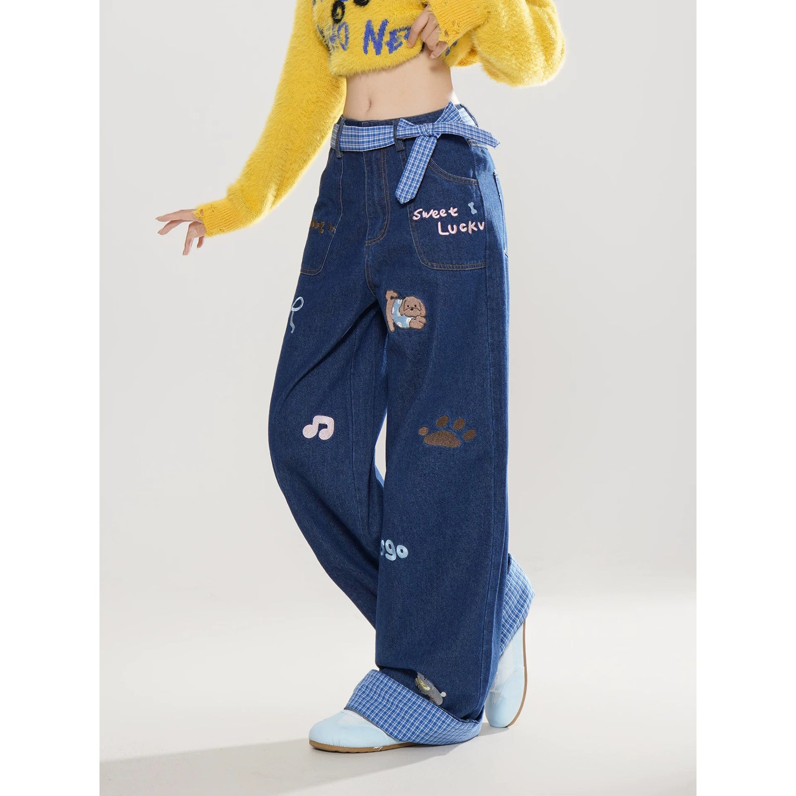 Puppy Embroidered Checkered Denim Pants – ManusMachina