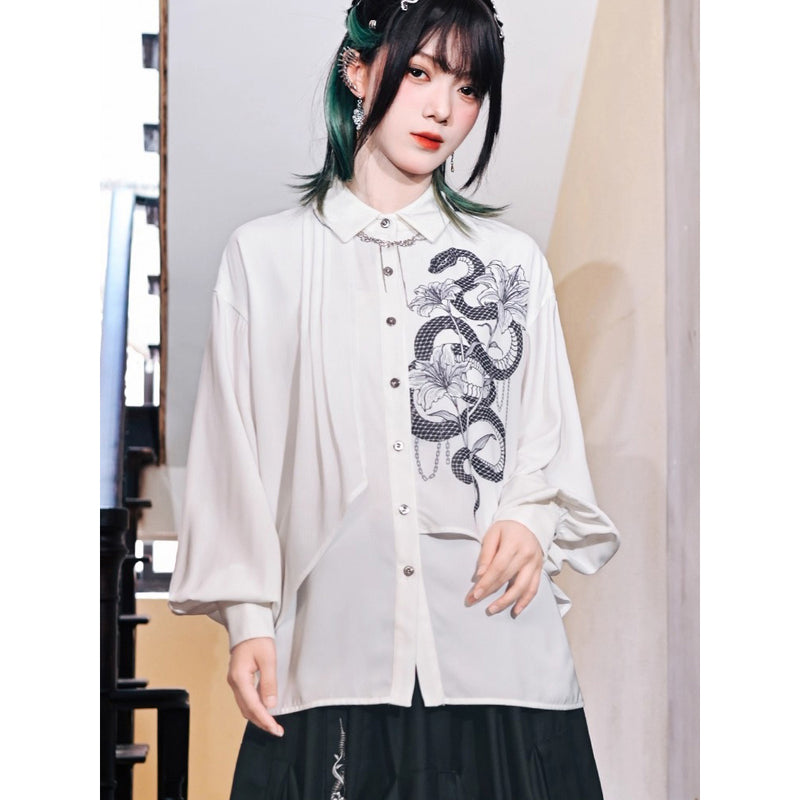 蛇と百合の挿絵ブラウス - White Ivory