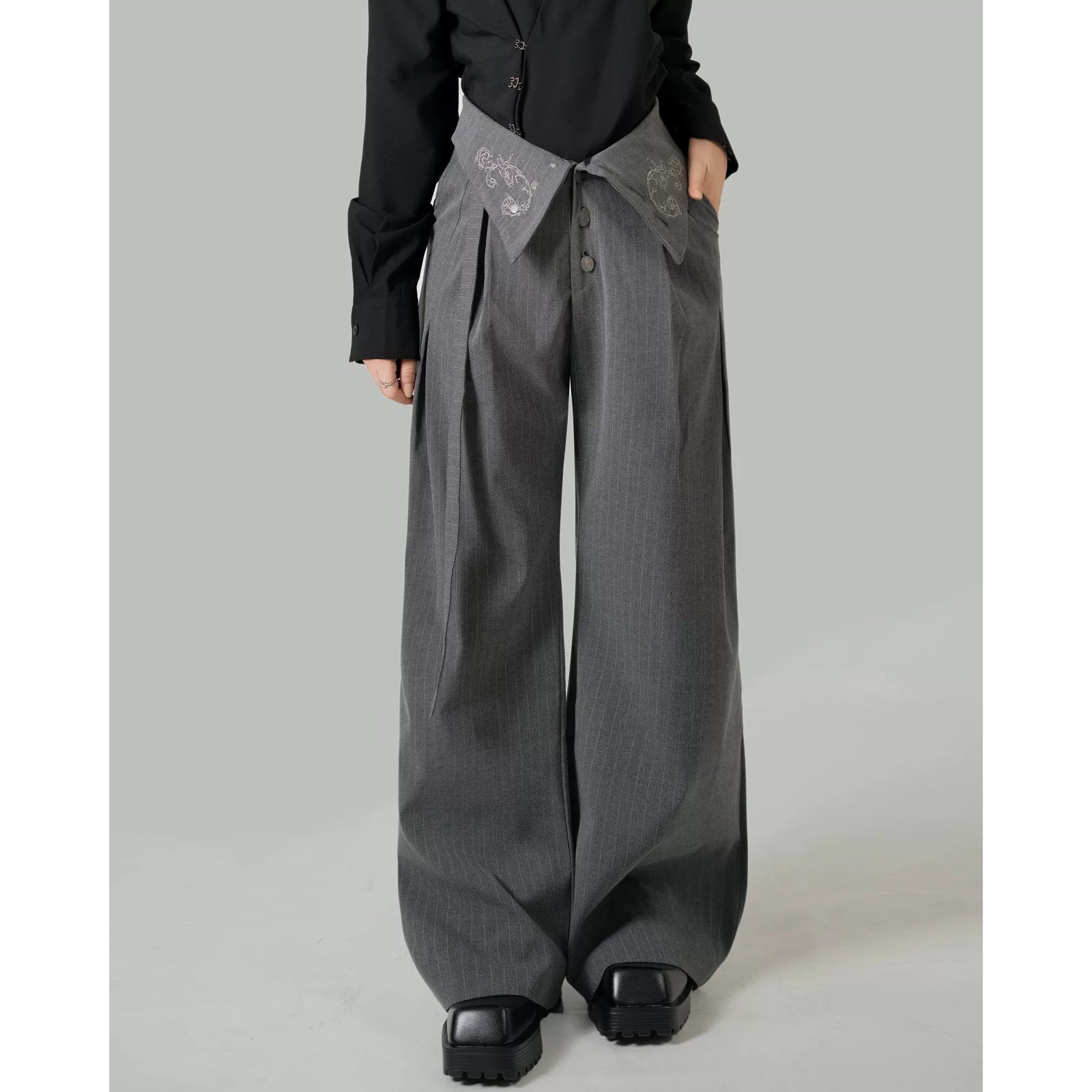 Corset High-Waist Pinstriped Wide-Leg Pants - Gray – ManusMachina