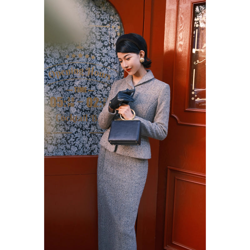 銀幕の貴婦人のツイードジャケットとペンシルスカート - Dark Gray