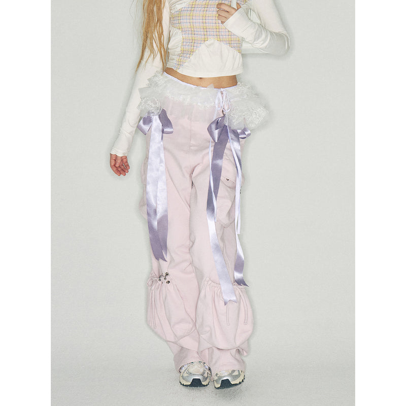 Pink Cargo Pants with Purple Ribbons