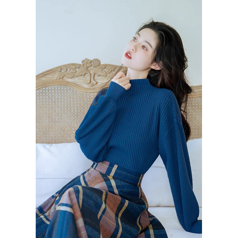 Blue-Brown Checkered Retro Skirt and Blue Knit Sweater
