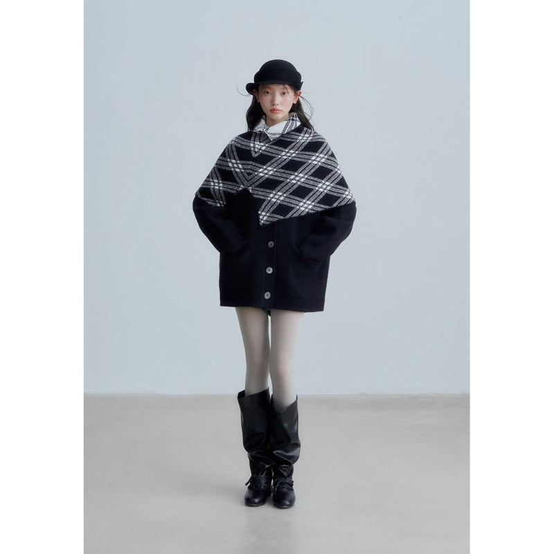 Checkered Cape and Black Knit Cardigan