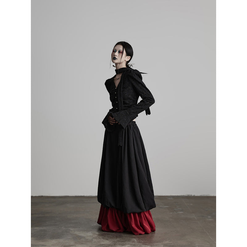 Black and Red Bicolor Layered Long Skirt