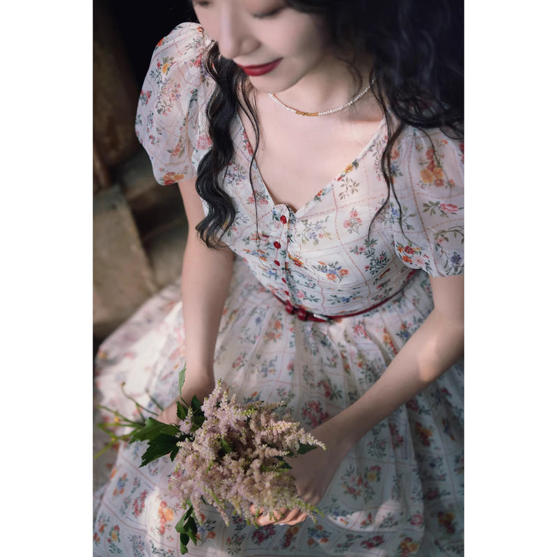 庭園の花の挿絵フレンチレトロワンピース