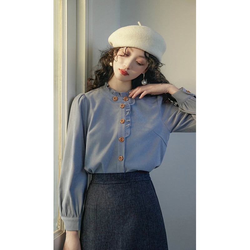 Gray Blue Ruffled Retro Blouse