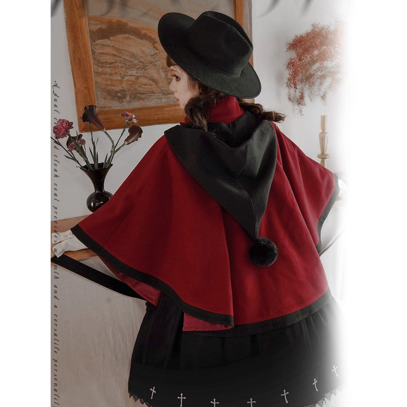 物語のお嬢様のケープコートとリボンフード - Wine Red[2025年12月上旬-2026年1月上旬発送予定]